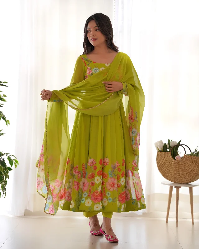 Lorenvalley Fashion Parrot Soft Organza Silk With Floral Print Fully Flared Anarkali Pant With Dupatta Set - Green Chic Checkered Pants
