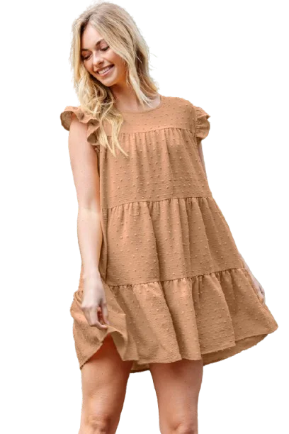 Swiss Dot Ruffle Sleeve Tiered Dress Camel - Pack of 6 Tunics Cozy soft