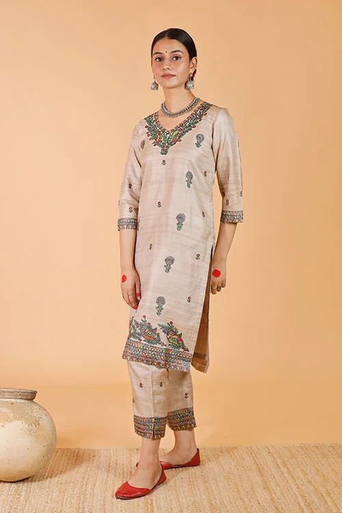 Gubbaro Handpainted Madhubani 'Maithili' Tussar Silk Pant Fashionable Work Pants