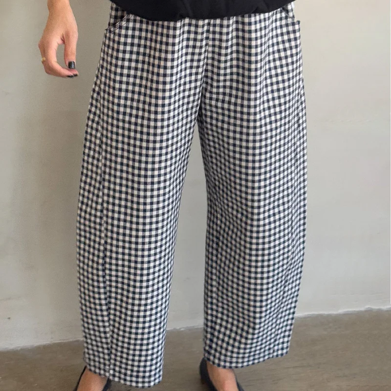 Women's Cotton Arc Pants - Navy Gingham Lightweight Jogger Pants