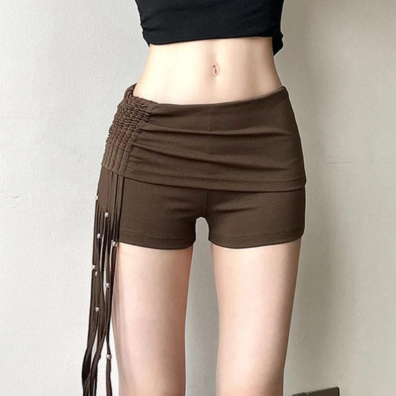 Tassels beaded ruched low rise short pant Classic Stretch Pants
