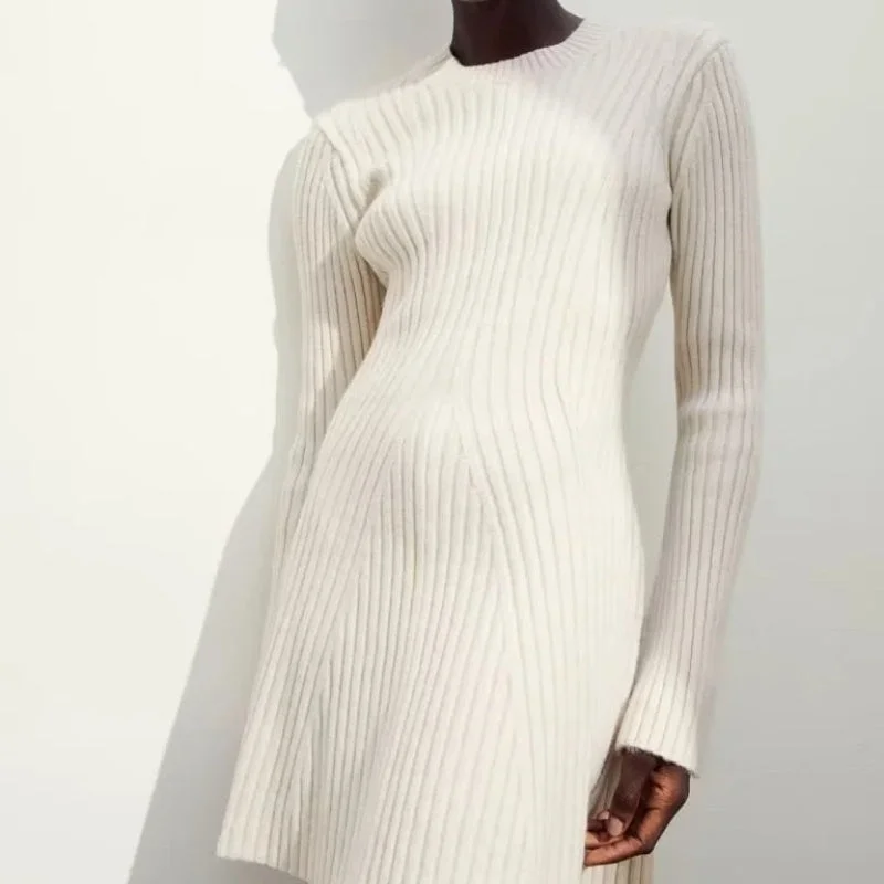 Textured Round Neck Long Sleeve Slim Knit Dress Tunics Versatile all-occasion