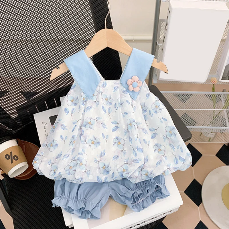 Blue Floral Sleeveless Vest and Pants Two-piece Set Comfy Cargo Trousers
