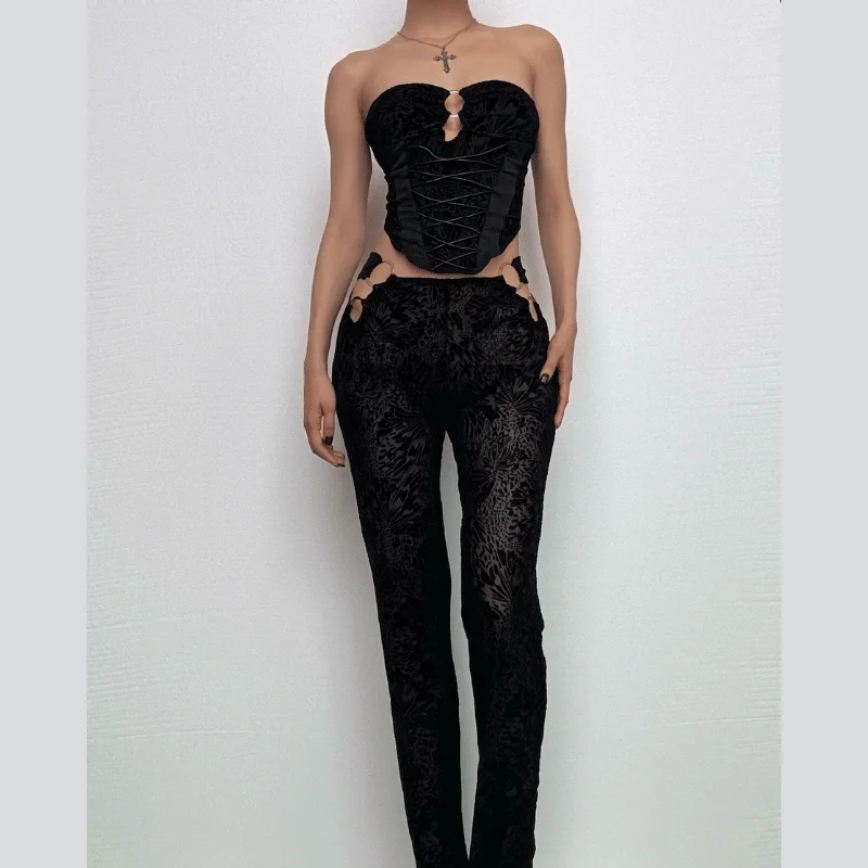 O ring bustier lace up see through tube pant set Trendy High-Waist Trousers