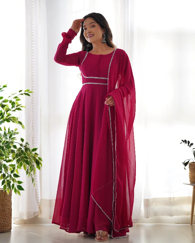 Lorenvalley Fashion Pink Georgette Anarkali Gown Dupatta Set With Pant Ready to Wear - Pink Soft Stretch Leggings