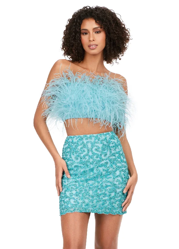 Ashley Lauren 4599 Short Two Piece Beaded Skirt Feather Bodice Formal Cocktail Dress Tunics Vintage classic