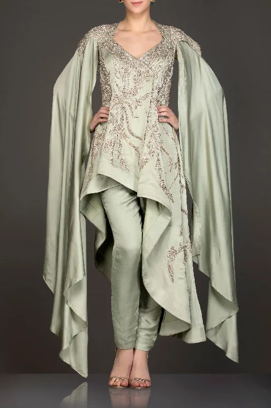 Mint Green Colour Satin Georgette Asymmetric Peplum Top With Shoulder Drape With Pants Trendy Wide-Leg Pants