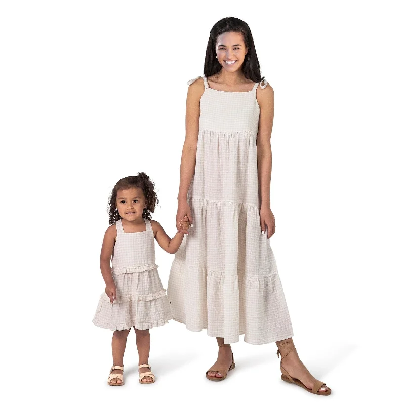 Mommy & Me Tan Gingham Gauze Dresses Bundle Elegant Long Evening