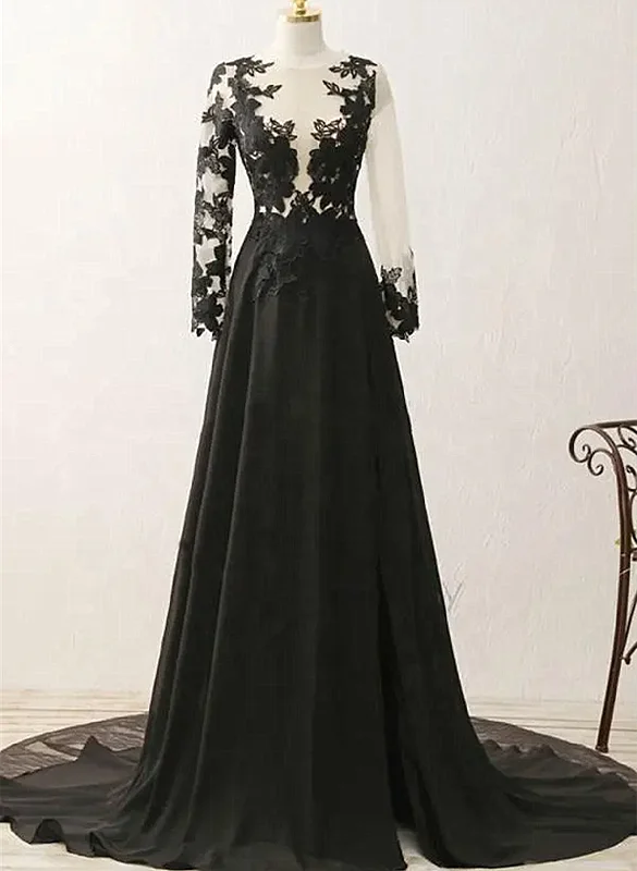 Black Long Sleeves Chiffon With Lace Evening Dress, Black A-Line Party Dress With Leg Slit Tunics Top Casual Black Long Sleeves Chiffon With Lace Evening Dress, Black A-Line Party Dress With Leg Slit Tunics Top Casual