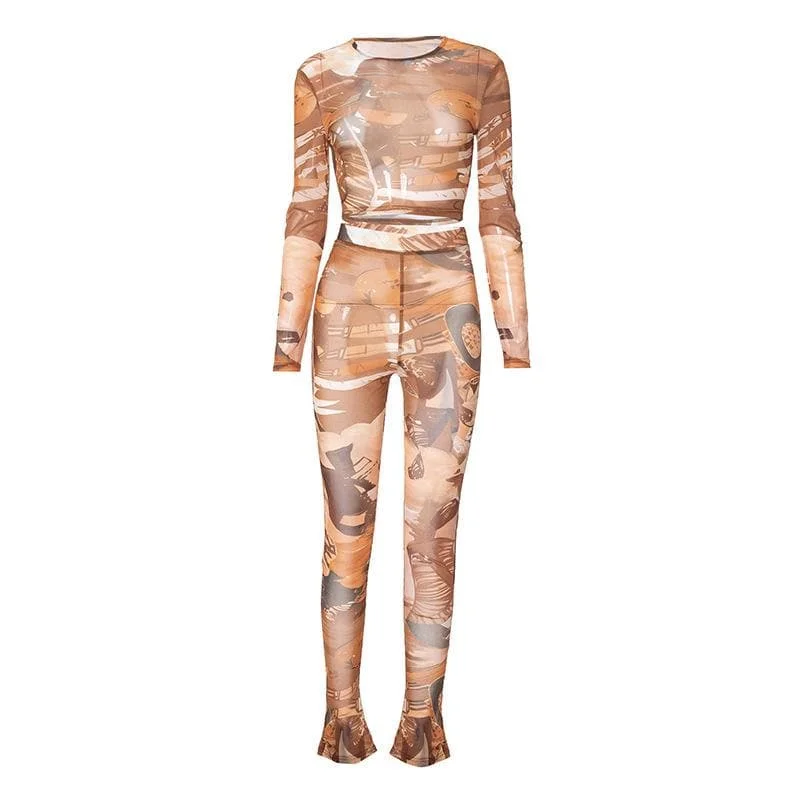 Long sleeve crewneck print sheer mesh pant set Comfortable Jogging Pants
