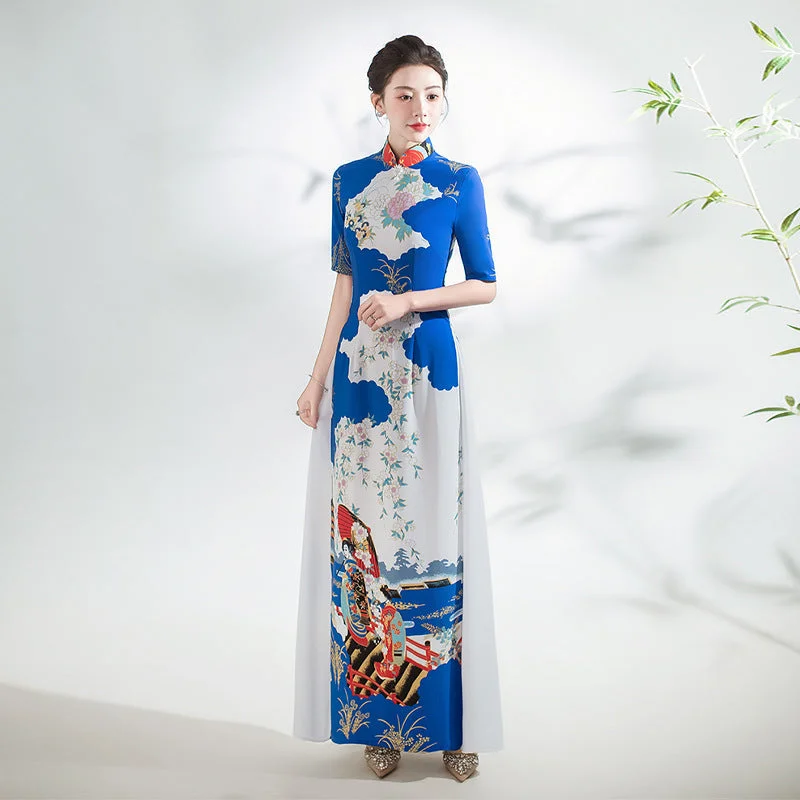 Half Sleeves Cheongsam Top Vietnamese Ao Dai Dress includes Loose Pants Casual Lounge Pants