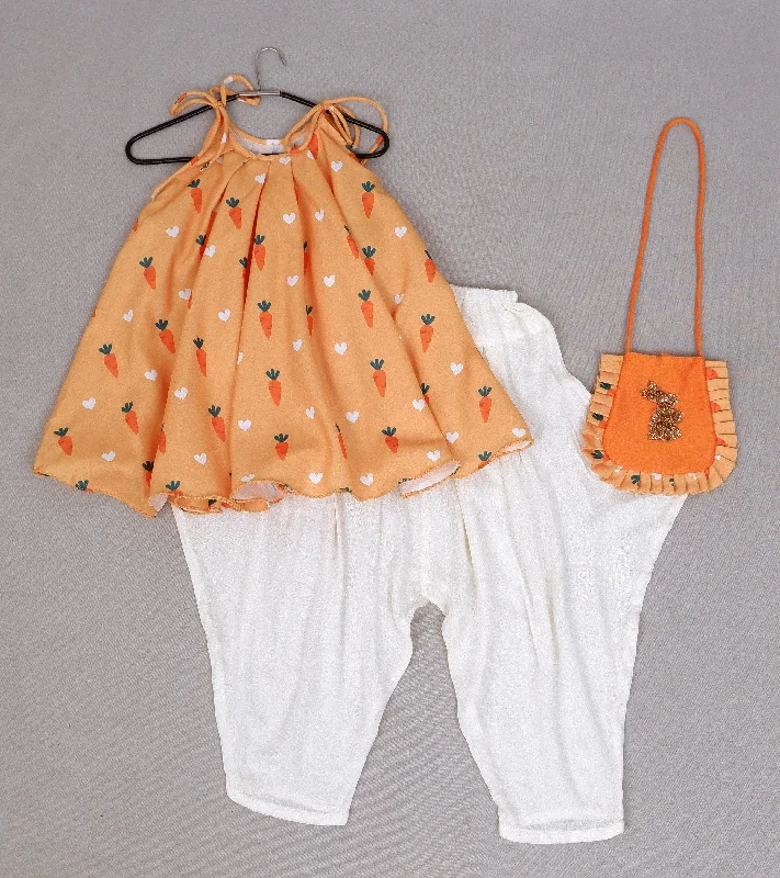 Pre-Order: Orange Vintage Carrot Print Halter Top with Dhoti Pant Comfortable Pleated Pants