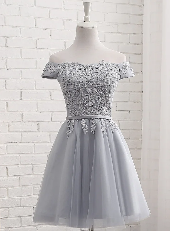 Lovely Grey Short Tulle Party Dress with Lace Applique, Bridesmaid Dresses Cute Formal Dress Tunics Exclusive limited Lovely Grey Short Tulle Party Dress with Lace Applique, Bridesmaid Dresses Cute Formal Dress Tunics Exclusive limited