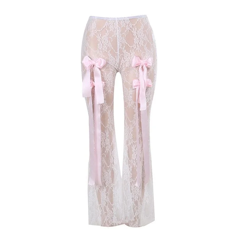 Bowknot ribbon lace see through pant Casual Yoga Pants