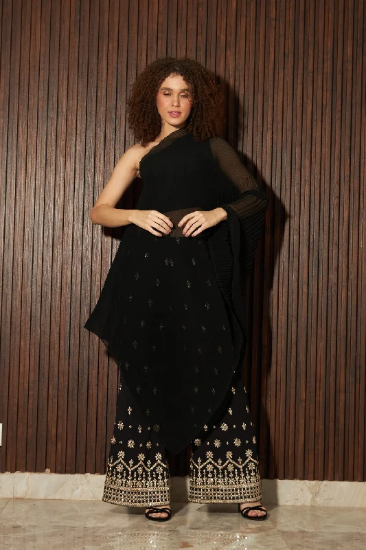 Avyah One-Shoulder Mesh Top with Embroidered Pants - Black Relaxed Linen Pants