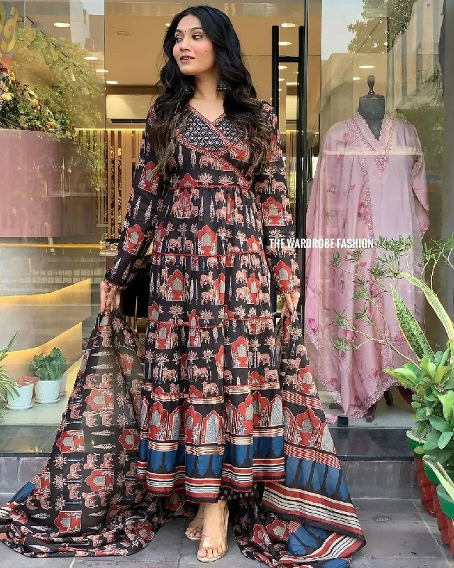 Preksha Creation Indian Beautiful Heavy Fully Flared Anarkali Stitched Suit With Dupatta and Pant - Black Trendy Printed Pants Preksha Creation Indian Beautiful Heavy Fully Flared Anarkali Stitched Suit With Dupatta and Pant - Black Trendy Printed Pants