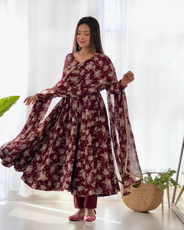 Lorenvalley Pure Faux Georgette Multi Floral Print Fully Flared Anarkali Pant With Dupatta Set - Maroon Classic Straight-Leg Pants Lorenvalley Pure Faux Georgette Multi Floral Print Fully Flared Anarkali Pant With Dupatta Set - Maroon Classic Straight-Leg Pants