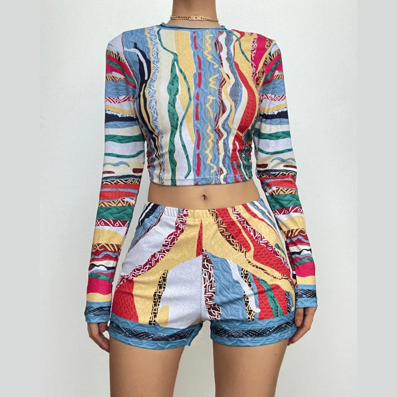 Contrast print crewneck long sleeve pant set Comfortable Cargo Pants