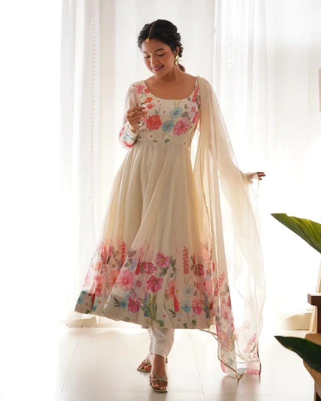 Lorenvalley Fashion Cream Soft Organza Silk With Floral Print Fully Flared Anarkali Pant With Dupatta Set - Cream Casual Plaid Pants