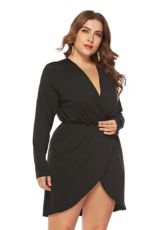 Plus Size Black Wrap V-Neck Party Dress Tunics Fall fleece