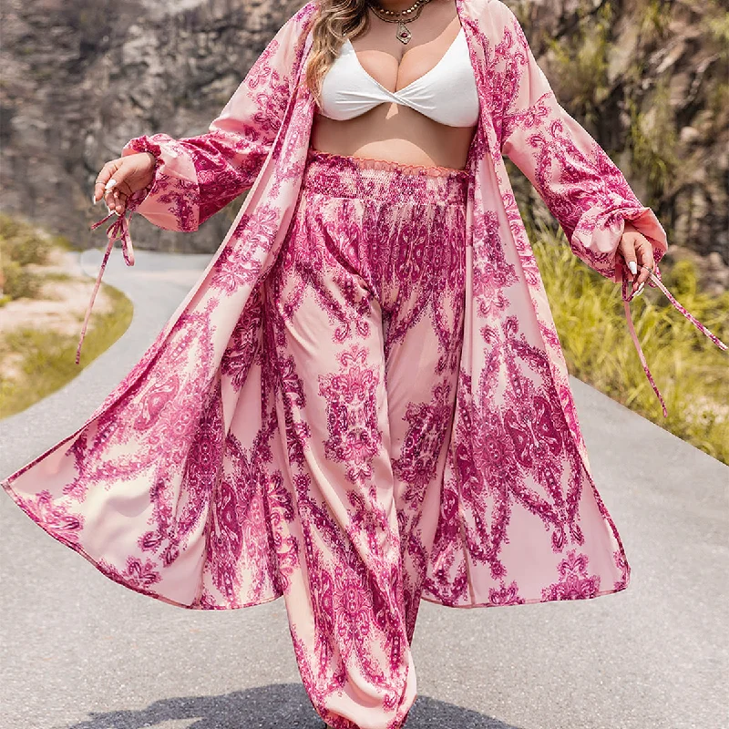 Plus Size Women Clothing Autumn Winter Printing Suit Top Pants Two Piece Set Chic Checkered Pants