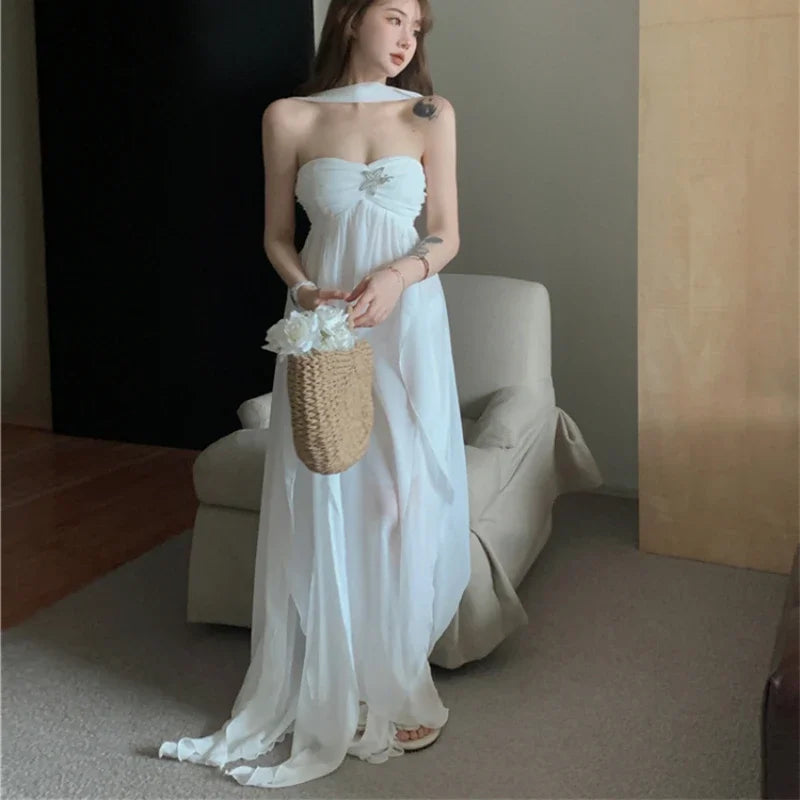 LIZAKOSHT - Fairy Vacation Long Dress for Women Halter Open Back Irregular Chiffon Dress Strapless Sexy Maxi Holiday Party Dresses Summer Tunics Versatile stylish LIZAKOSHT - Fairy Vacation Long Dress for Women Halter Open Back Irregular Chiffon Dress Strapless Sexy Maxi Holiday Party Dresses Summer Tunics Versatile stylish