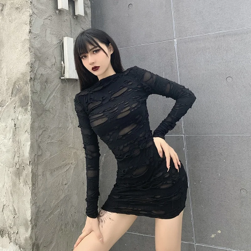 Helisopus New Gothic Black Mini Dress Streetwear Rock Punk Hollow Retro High Waist Long Sleeve Bodycon Party Dresses Tunics Luxurious high-end