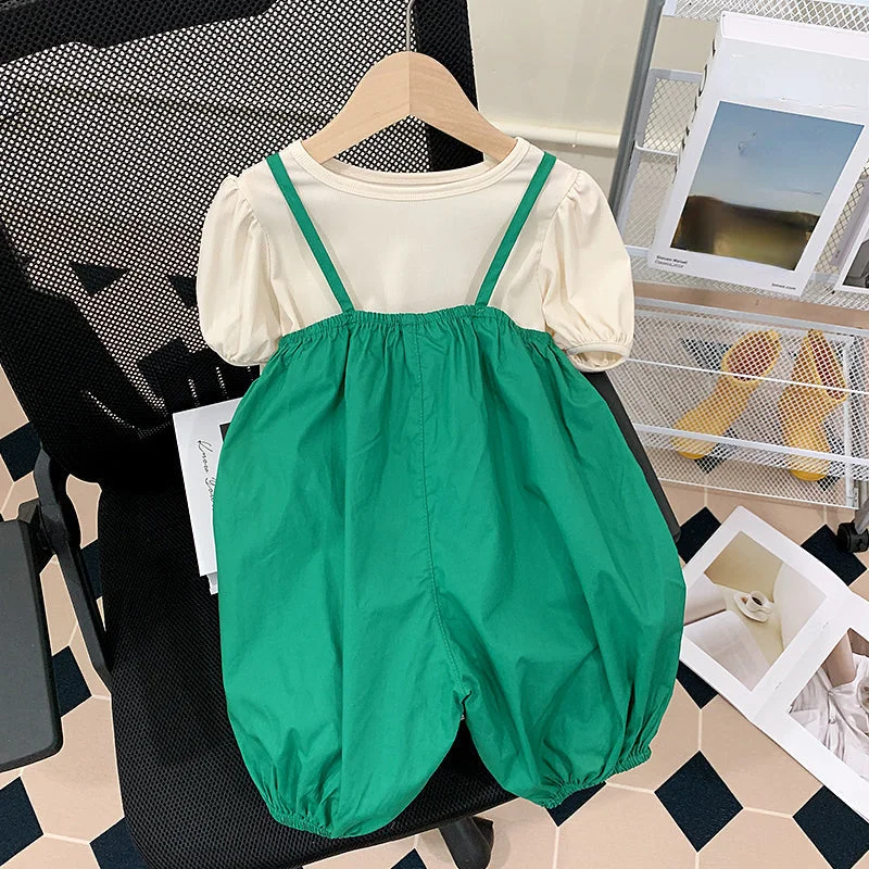 Cute Baby Girl Solid Color Short-sleeved Loose Suspenders Wide-leg Pants Two-piece Set Fashionable Track Pants