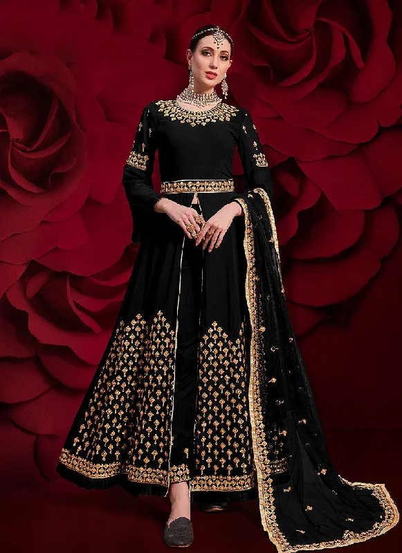 Black Golden Embroidered Slit Style Anarkali Pant Suit Comfy Zip-Up Pants