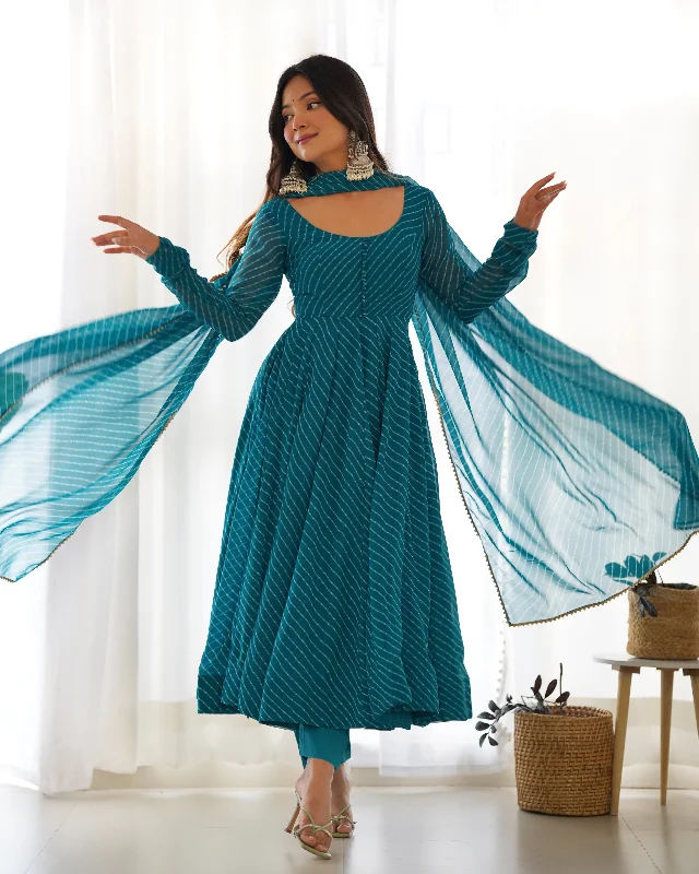 Lorenvalley Fashion Women Pure Soft Faux Georgette Laheriya Print Fully Flair Anarkali Kurta Pant With Dupatta Set - Rama Cozy Jogger Leggings