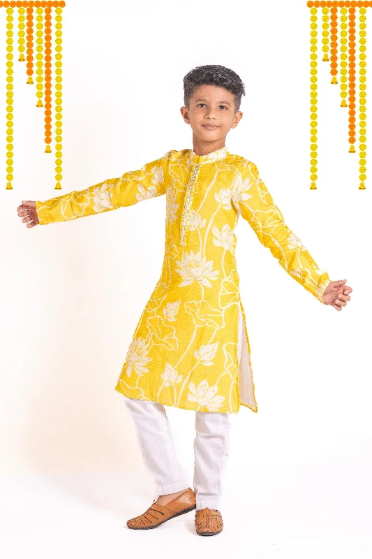 Pre-Order: Yellow lotus printed kurta pant Elegant Dress Pants