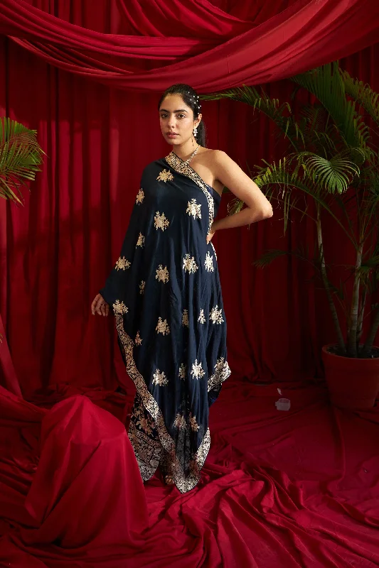 Reyna Gara Glazed Cape With Coordinated Pants- Navy Blue Trendy Tapered Pants