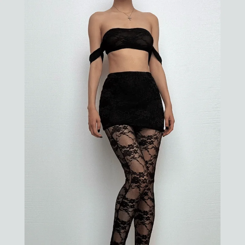Off shoulder lace see through solid pant set Comfortable Denim Trousers