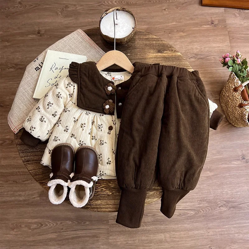 Girls Thick Warm Coat and Pants Two-Piece Set Cozy Fitted Pants
