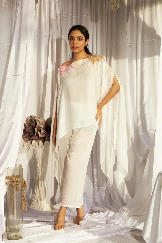 Divine Sequins Embroidered Cape Co-ordinated with Pants - Pink Ivory Ombre Fashionable Button-Up Pants Divine Sequins Embroidered Cape Co-ordinated with Pants - Pink Ivory Ombre Fashionable Button-Up Pants