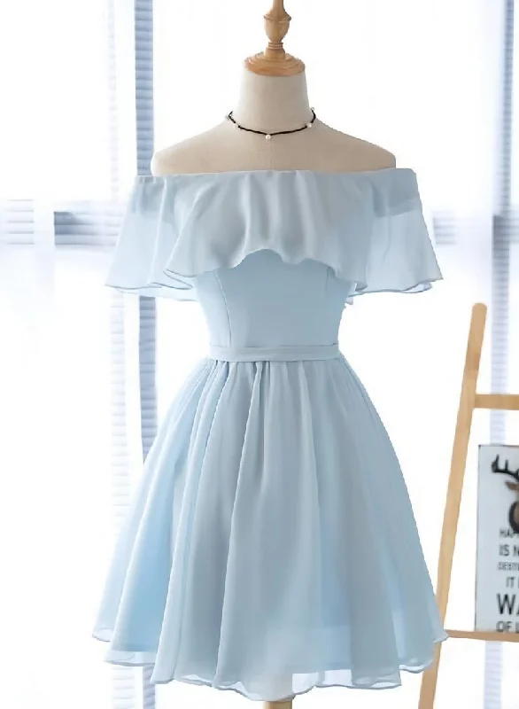 Off Shoulder Simple Short Bridesmaid Dress, Lovely Blue Chiffon Party Dress Tunics Custom made Off Shoulder Simple Short Bridesmaid Dress, Lovely Blue Chiffon Party Dress Tunics Custom made