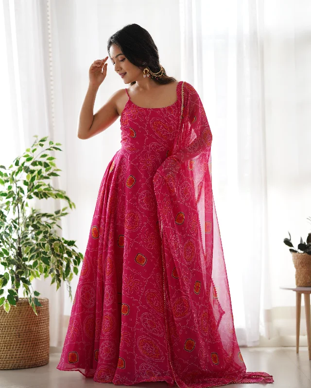 Lorenvalley Women Soft Chiffon Bandhej Fabric Print Fully Flair Anarkali With Pant Dupatta Set - Magenta Comfortable Cargo Pants Lorenvalley Women Soft Chiffon Bandhej Fabric Print Fully Flair Anarkali With Pant Dupatta Set - Magenta Comfortable Cargo Pants