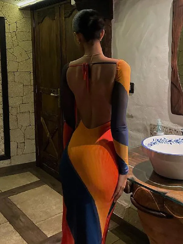 Sexy Backless Maxi Dress Fashion Print Long Sleeve Bodycon Party Dress Beach Outfits New Summer Evening Club Dress Tunics Fall fleece