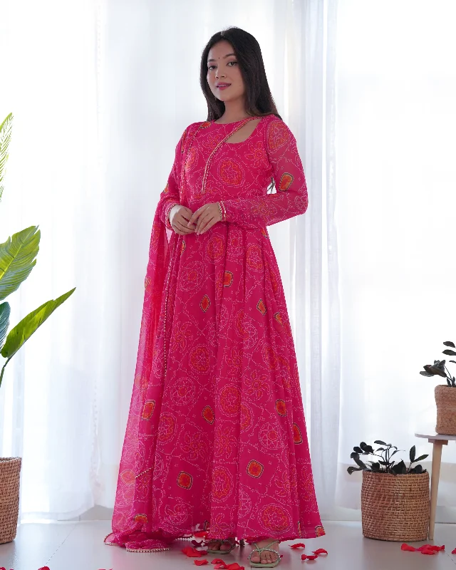 Lorenvalley Women Soft Chiffon Bandhej Fabric Print Fully Flair Anarkali With Pant Dupatta Set - Magenta Formal Dress Pants Lorenvalley Women Soft Chiffon Bandhej Fabric Print Fully Flair Anarkali With Pant Dupatta Set - Magenta Formal Dress Pants