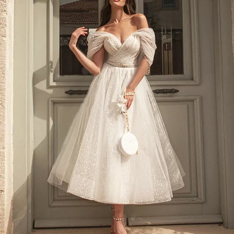 Sexy Off The Shoulder V Neck Party Dresses without Belt Tunics Prom sequined