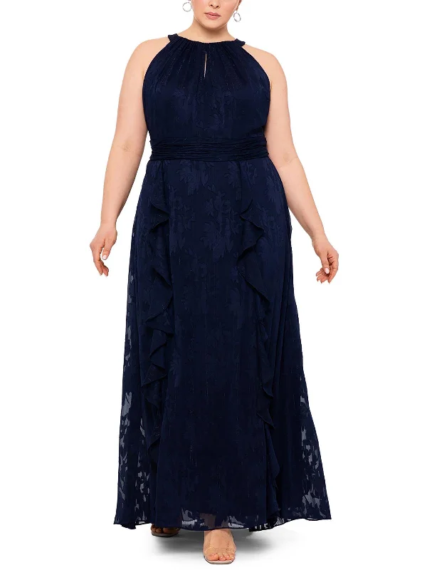 Plus Womens Slit Polyester Evening Dress Crew Neckline Casual