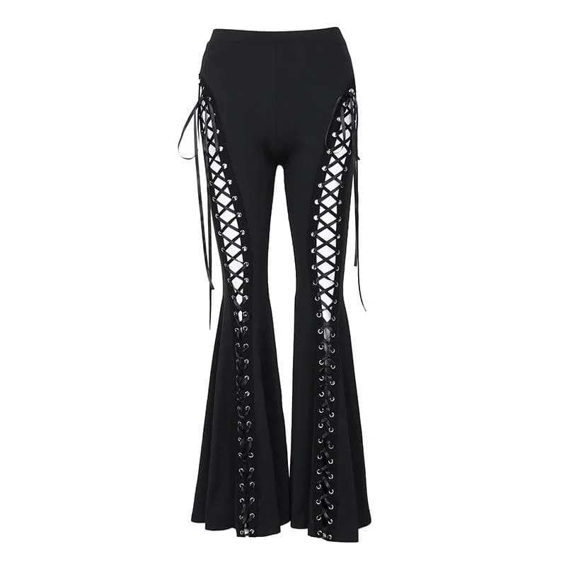 Lace up hollow out ribbon high rise pant Relaxed Casual Leggings
