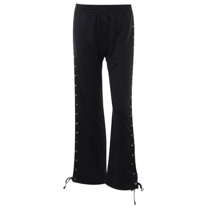 Lace up solid hollow out medium rise pant High-Waist Jeans