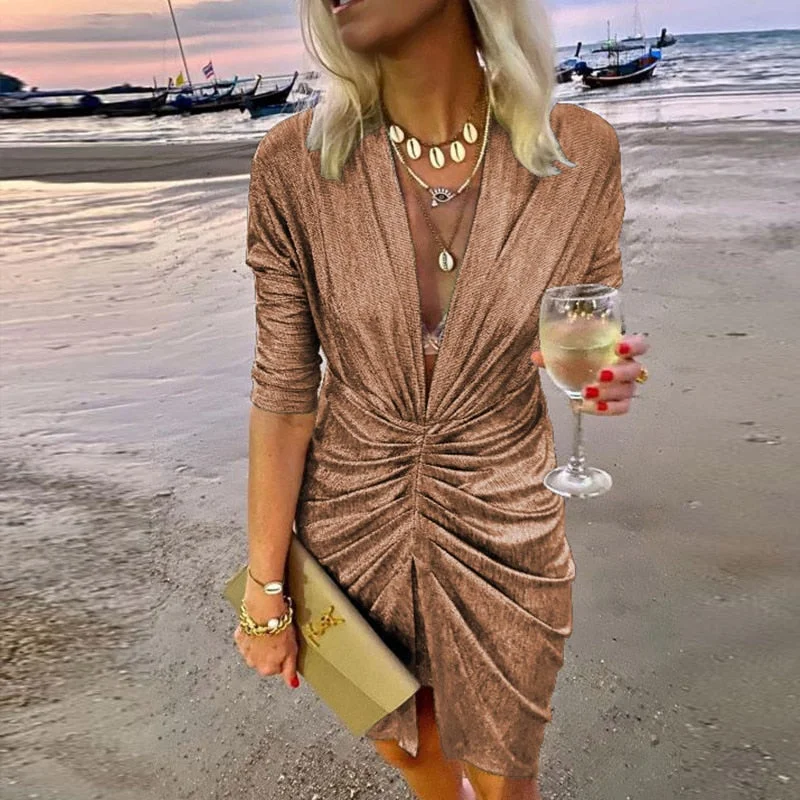 Lady Elegant Long Sleeve Club Glitter Mini Dress Sexy Deep V Neck Shiny Silk Party Dress Women Folds Pleated Bodycon Slit Dress Tunics Timeless classic