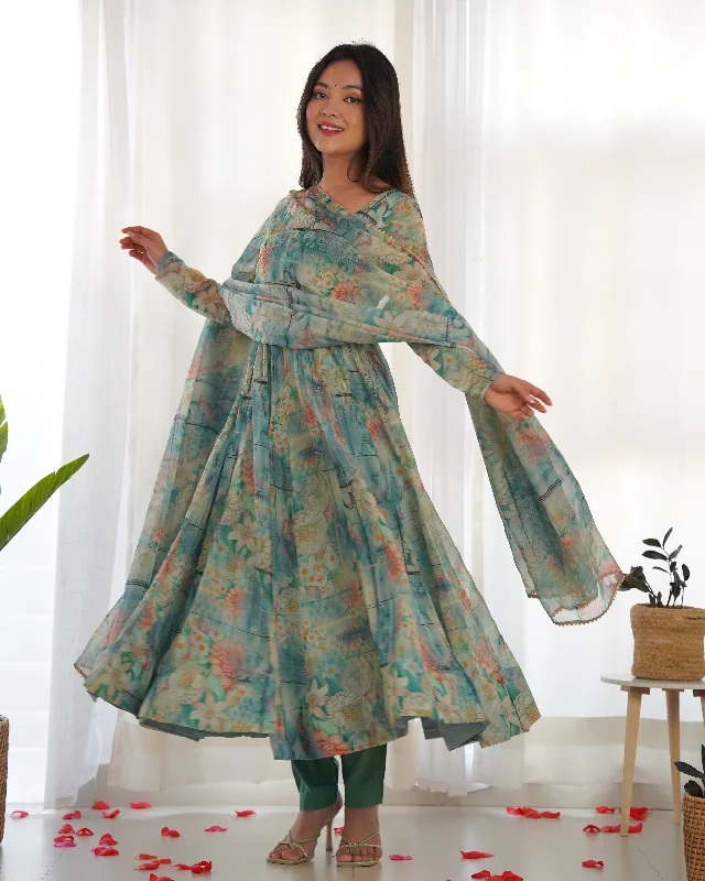 Lorenvalley Fashion Women Pure Organza Print Fully Flair Anarkali Kurta Pant With Dupatta Set - Multicolor Stretch Fit Pants