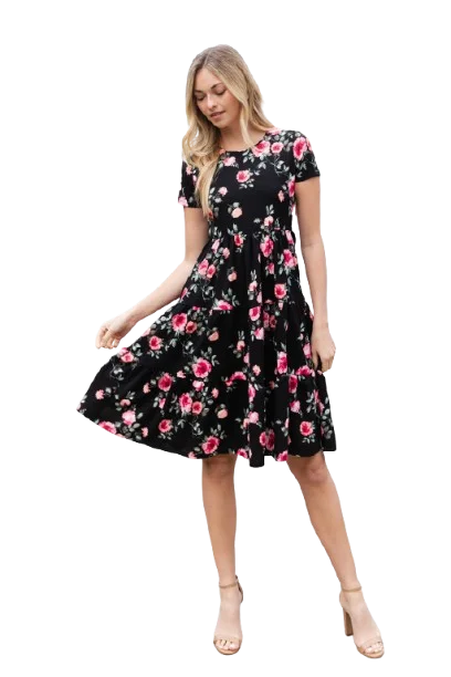 Floral Short Sleeve A Line Tiered Dress Black Coral - Pack of 6 Tunics Timeless classic