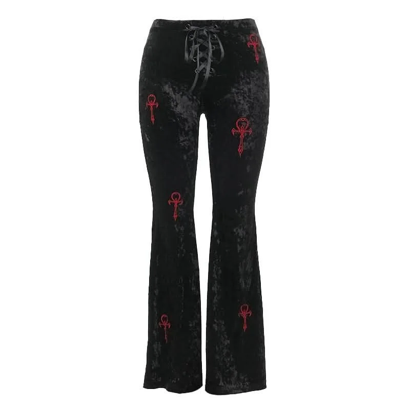 Lace up velvet embroidery medium rise pant Trendy Velvet Pants