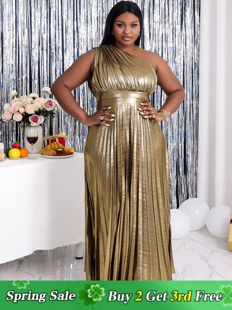 Gold Party Dress Long For Holiday One Shoulder Maxi Shiny Pleated Tunics Luxurious high-end Gold Party Dress Long For Holiday One Shoulder Maxi Shiny Pleated Tunics Luxurious high-end