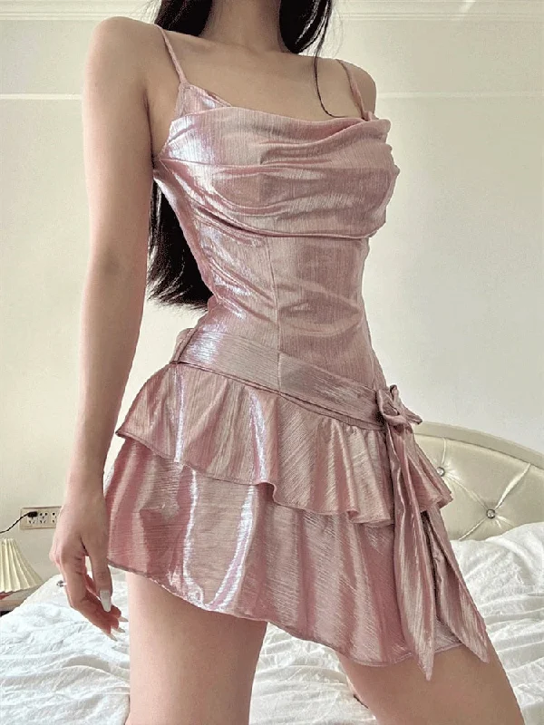 Sexy Ruffle Mini Dress Pink Asymmetrical Bodycon Summer Dress Elegant Party Dress for Women Fashion Bow Knot Vestidos Tunics Occasion special
