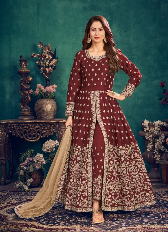 Bridal Red Zari Embroidered Slit Style Anarkali Pant Suit Casual Track Pants